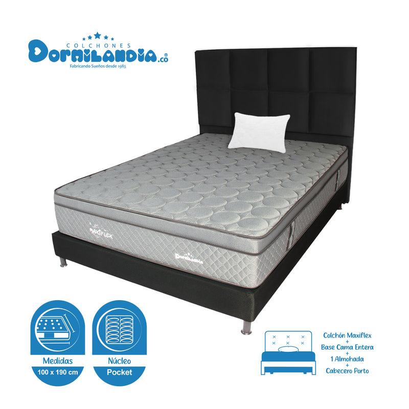 Combo Colchón Maxiflex Gris Y Negro Sencillo 100 X 190 Cm Firmeza Suave Con Cabecero Y Base Cama