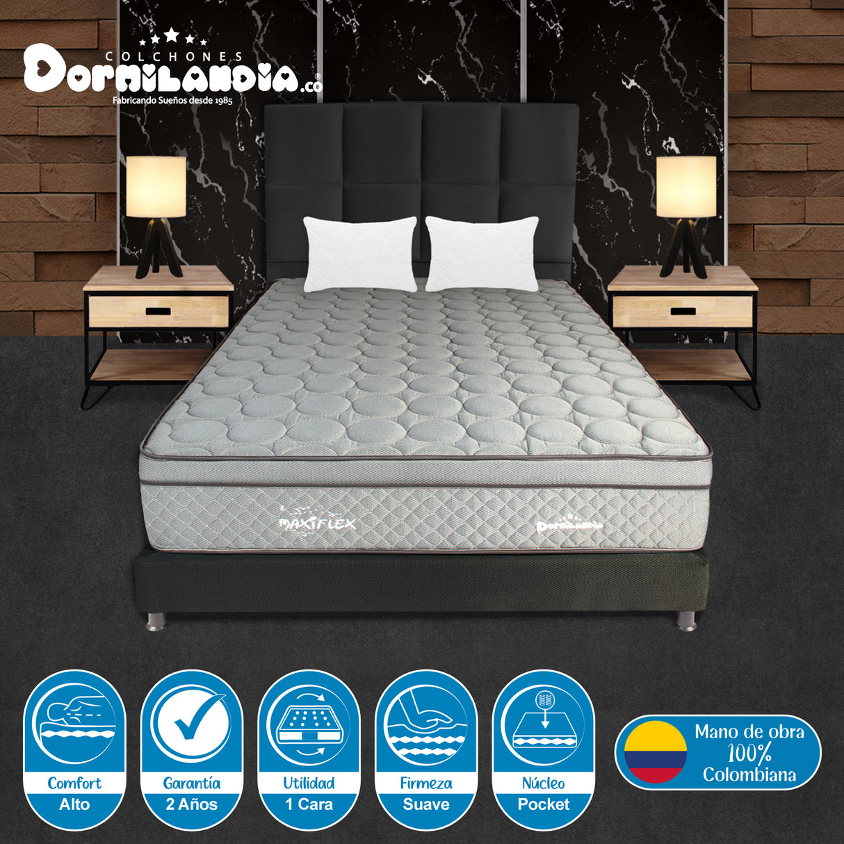 Combo Colchón Maxiflex Gris y Negro Semidoble 120 X 190 Cm Firmeza Suave Con Cabecero y Base Cama - COLCHONES | Bylmo