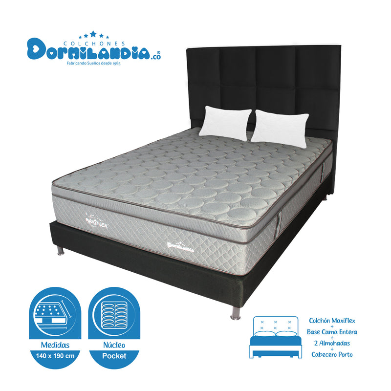 Combo Colchón Maxiflex Gris Y Negro Doble 140 X 190 Cm Firmeza Suave Con Cabecero Y Base Cama