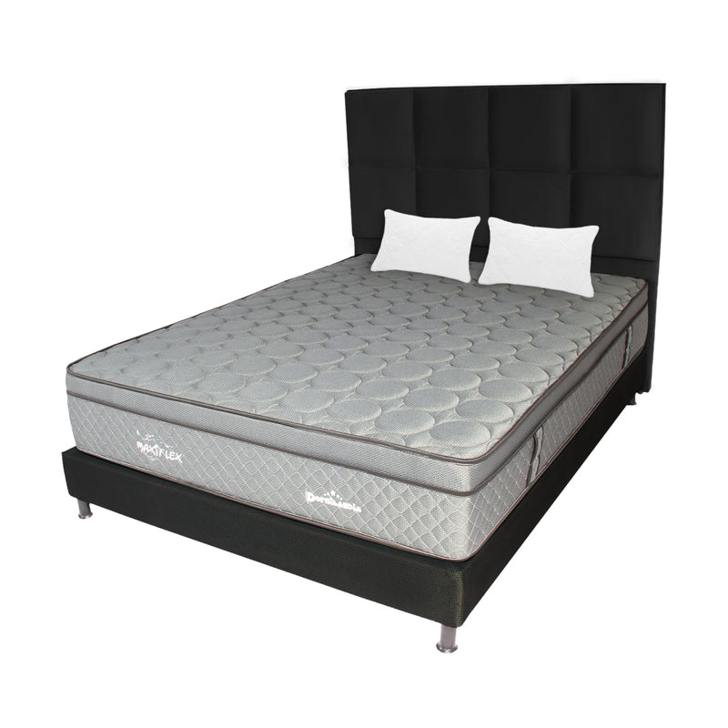 Combo Colchón Maxiflex Gris Y Negro Queen 160 X 190 Cm Firmeza Suave Con Cabecero Y Base Cama