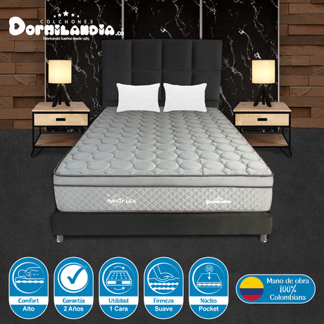 Combo Colchón Maxiflex Gris y Negro King 200 X 200 Cm Firmeza Suave Con Cabecero y Base Cama - COLCHONES | Bylmo