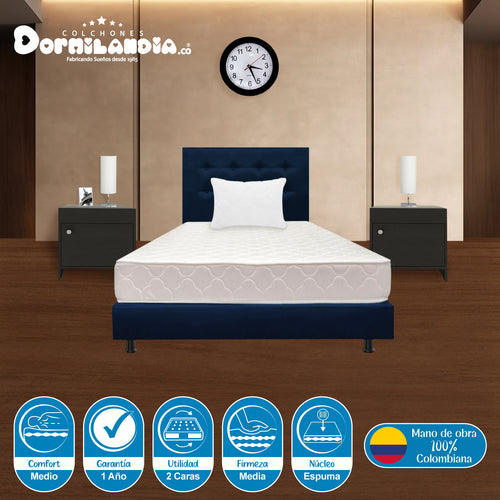 Combo Colchón Multisleep Blanco Y Azul Sencillo 100 X 190 Cm Firmeza Medio Doble Faz Con Cabecero Y Base Cama