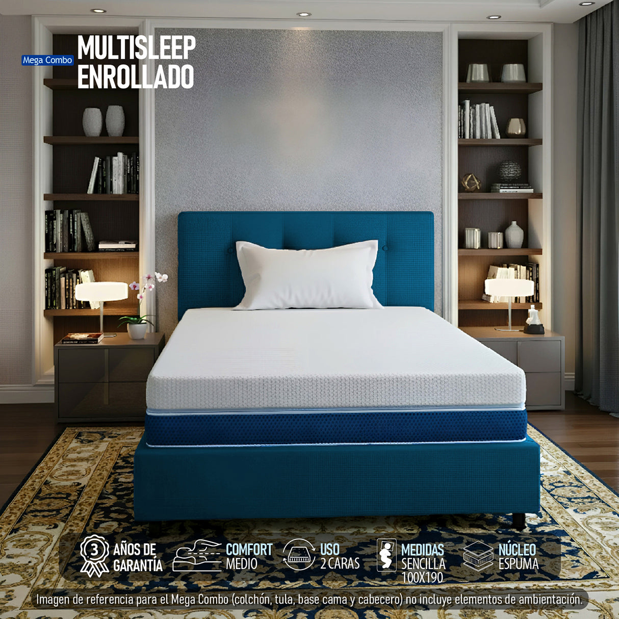 Combo Colchón Enrollado Multisleep Blanco y Azul Sencillo 100 X 190 Cm Firmeza Medio Doble Faz Con Cabecero y Base Cama