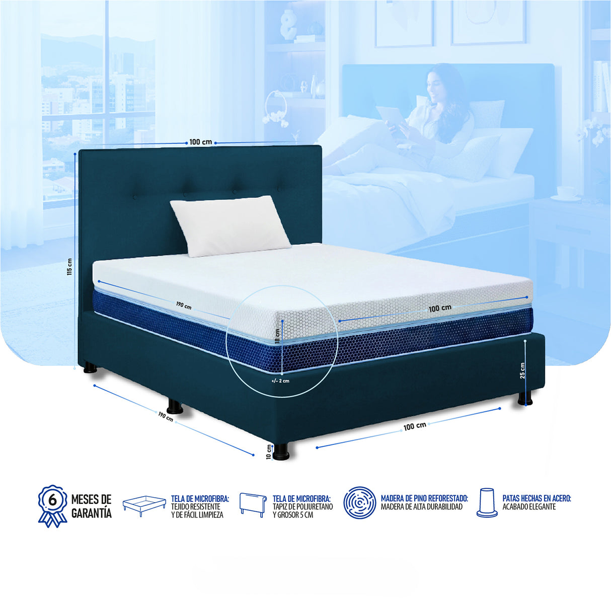 Combo Colchón Enrollado Multisleep Blanco y Azul Sencillo 100 X 190 Cm Firmeza Medio Doble Faz Con Cabecero y Base Cama