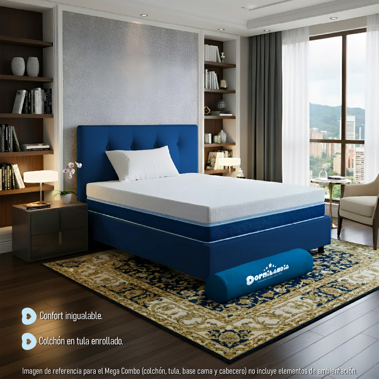 Combo Colchón Multisleep Blanco y Azul Sencillo 100 X 190 Cm Firmeza Medio Doble Faz Con Cabecero y Base Cama - COLCHONES | Bylmo