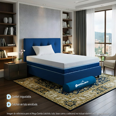 Combo Colchón Multisleep Blanco y Azul Sencillo 100 X 190 Cm Firmeza Medio Doble Faz Con Cabecero y Base Cama - COLCHONES | Bylmo