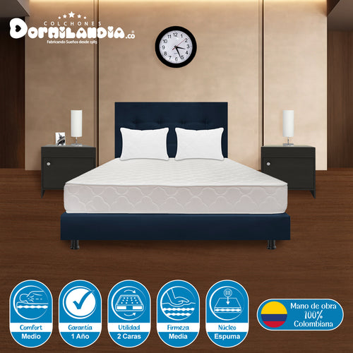 Combo Colchón Multisleep Blanco Y Azul Semidoble 120 X 190 Cm Firmeza Medio Doble Faz Con Cabecero Y Base Cama