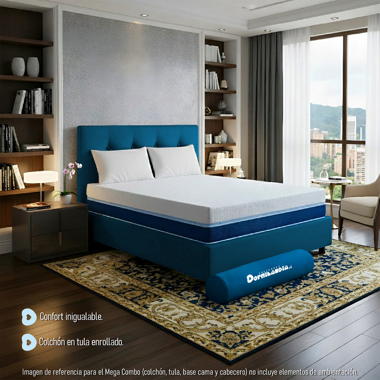 Combo Colchón Enrollado Multisleep Blanco y Azul Semidoble 120 X 190 Cm Firmeza Medio Doble Faz Con Cabecero y Base Cama