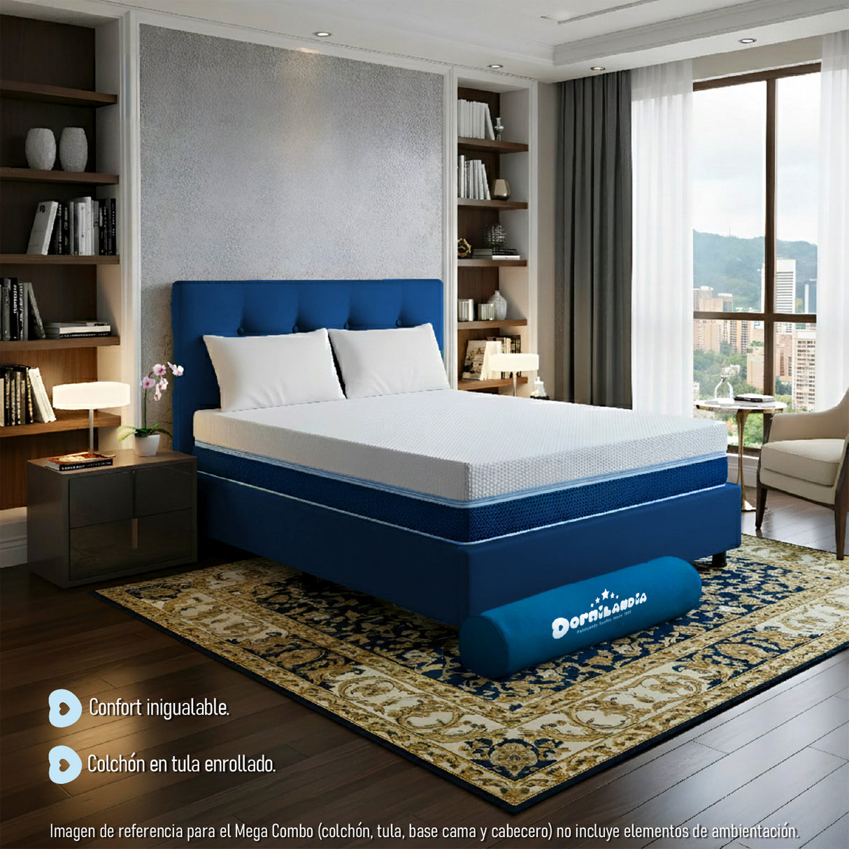 Combo Colchón Multisleep Blanco y Azul Queen 160 X 190 Cm Firmeza Medio Doble Faz Con Cabecero y Base Cama - COLCHONES | Bylmo