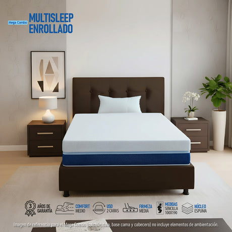 Combo Colchón Multisleep Blanco y Cafe Sencillo 100 X 190 Cm Firmeza Medio Doble Faz Con Cabecero y Base Cama - COLCHONES | Bylmo
