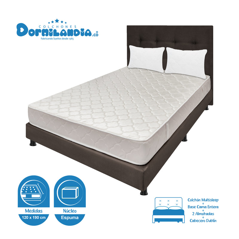 Combo Colchón Multisleep Blanco Y Cafe Semidoble 120 X 190 Cm Firmeza Medio Doble Faz Con Cabecero Y Base Cama