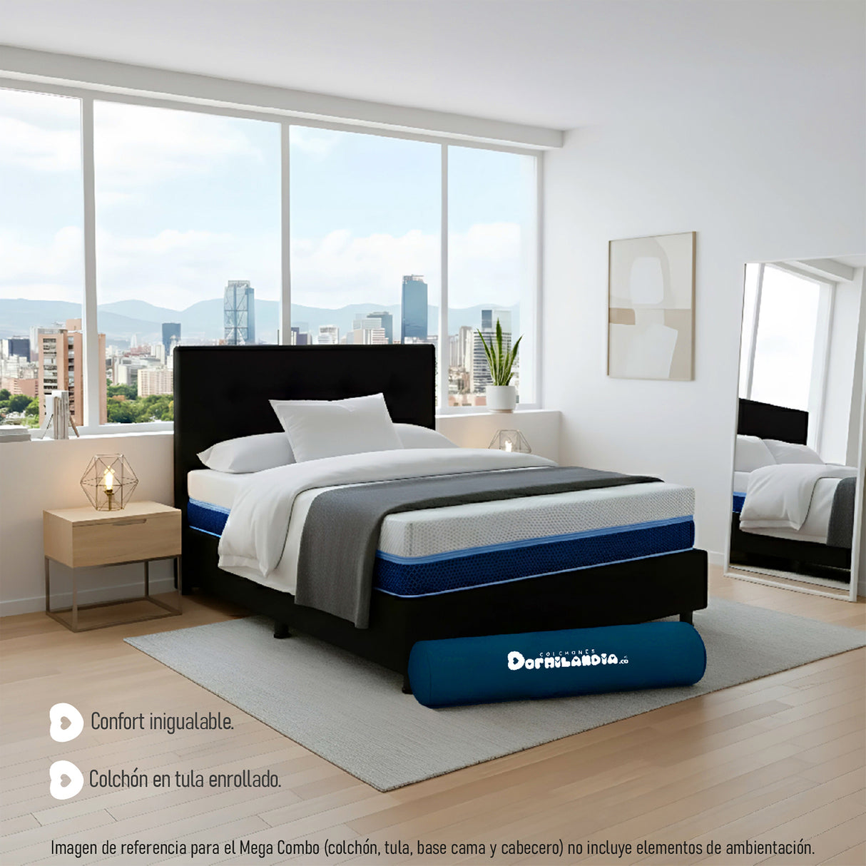 Combo Colchón Enrollado Multisleep Blanco y Negro Sencillo 100 X 190 Cm Firmeza Medio Doble Faz Con Cabecero y Base Cama
