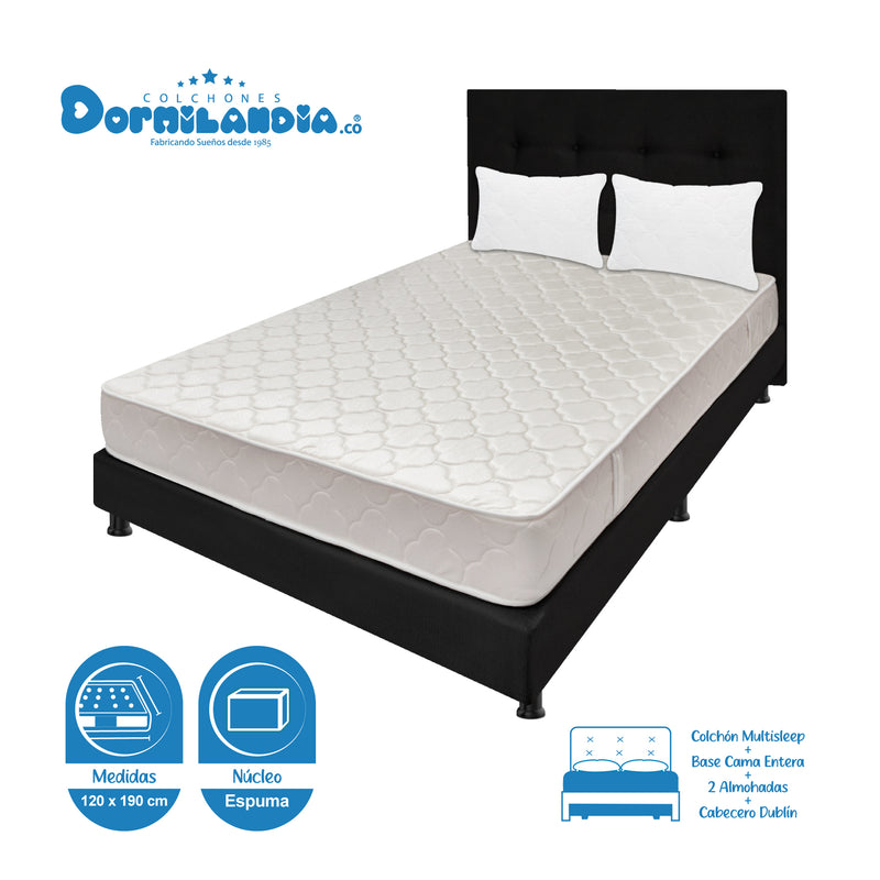 Combo Colchón Multisleep Blanco Y Negro Semidoble 120 X 190 Cm Firmeza Medio Doble Faz Con Cabecero Y Base Cama