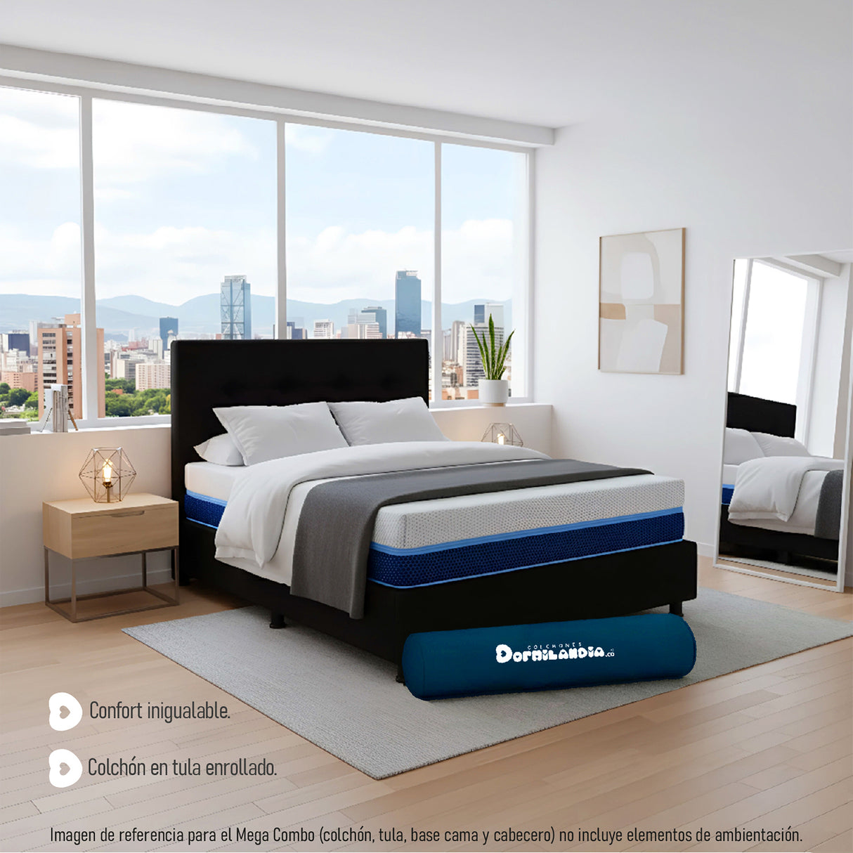Combo Colchón Enrollado Multisleep Blanco y Negro Doble 140 X 190 Cm Firmeza Medio Doble Faz Con Cabecero y Base Cama