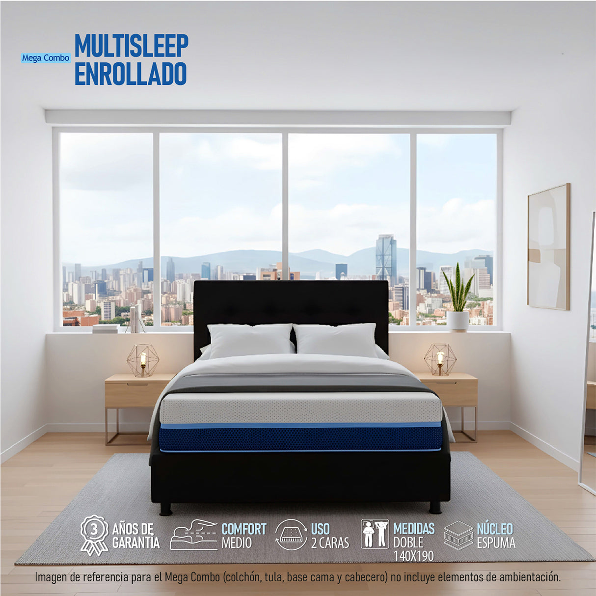 Combo Colchón Enrollado Multisleep Blanco y Negro Doble 140 X 190 Cm Firmeza Medio Doble Faz Con Cabecero y Base Cama