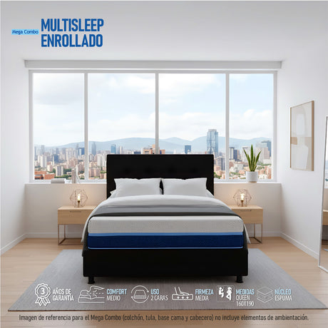 Combo Colchón Multisleep Blanco y Negro Queen 160 X 190 Cm Firmeza Medio Doble Faz Con Cabecero y Base Cama - COLCHONES | Bylmo