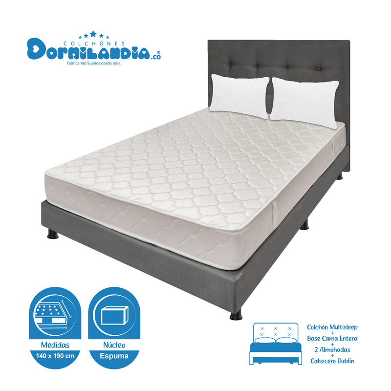 Combo Colchón Multisleep Blanco Y Gris Doble 140 X 190 Cm Firmeza Medio Doble Faz Con Cabecero Y Base Cama