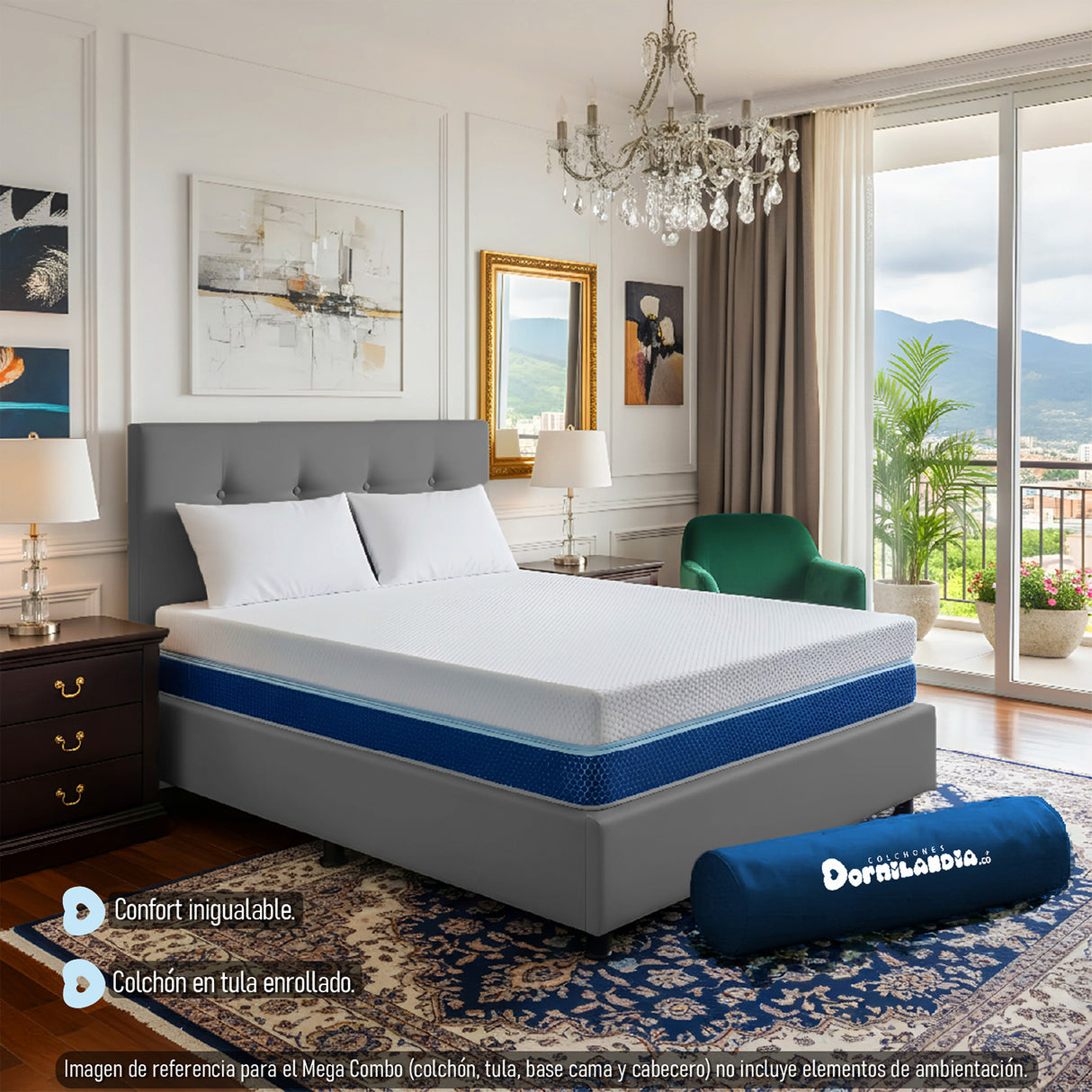 Combo Colchón Enrollado Multisleep Blanco y Gris Doble 140 X 190 Cm Firmeza Medio Doble Faz Con Cabecero y Base Cama