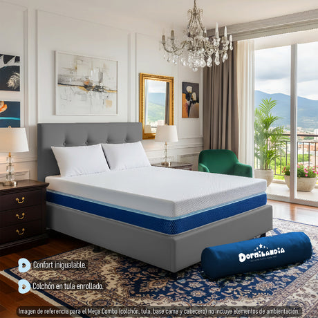 Combo Colchón Multisleep Blanco y Gris Doble 140 X 190 Cm Firmeza Medio Doble Faz Con Cabecero y Base Cama - COLCHONES | Bylmo