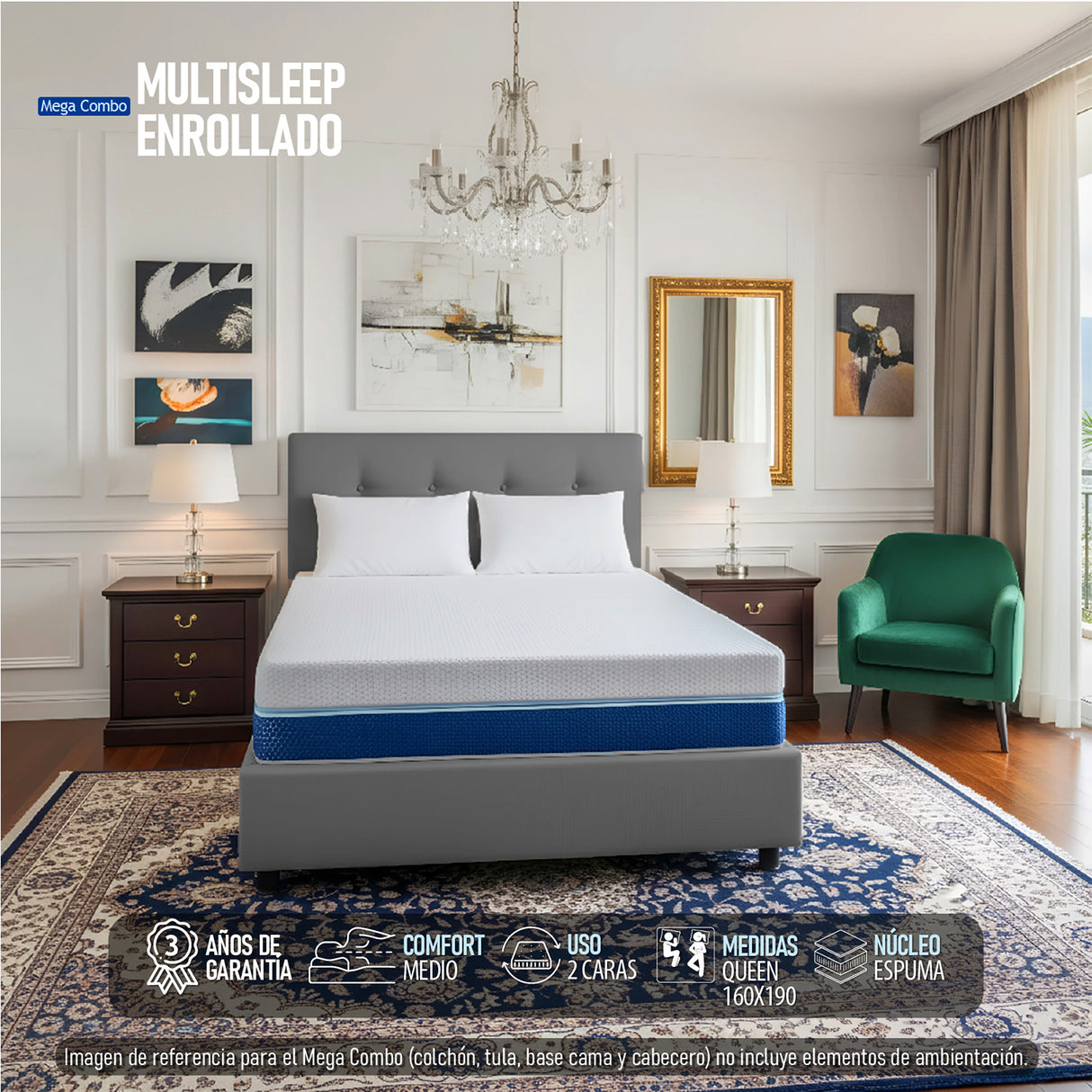 Combo Colchón Enrollado Multisleep Blanco y Gris Queen 160 X 190 Cm Firmeza Medio Doble Faz Con Cabecero y Base Cama