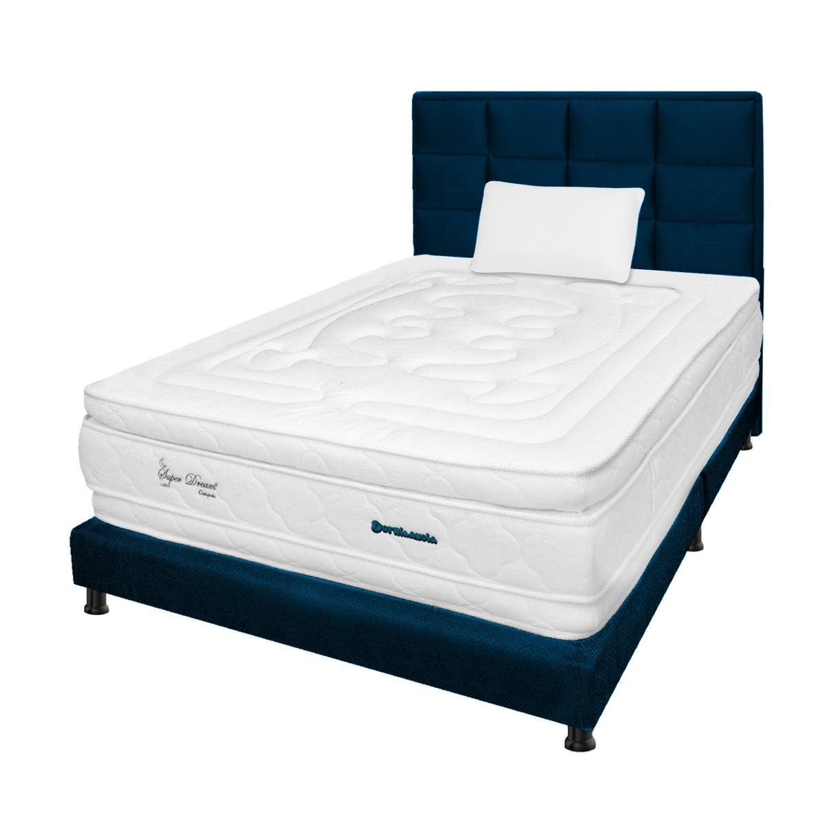 Combo Colchón Super Dream Blanco y Azul Sencillo 100 X 190 Cm Firmeza Firme Doble Faz Con Cabecero y Base Cama - COLCHONES | Bylmo