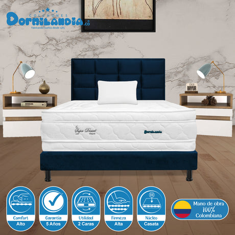 Combo Colchón Super Dream Blanco y Azul Sencillo 100 X 190 Cm Firmeza Firme Doble Faz Con Cabecero y Base Cama - COLCHONES | Bylmo