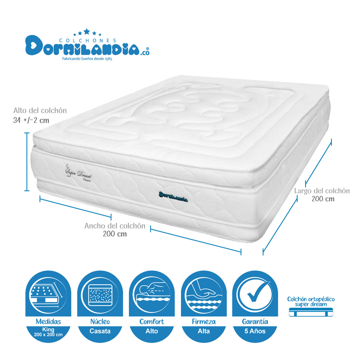 Combo Colchón Super Dream Blanco y Azul King 200 X 200 Cm Firmeza Firme Doble Faz Con Cabecero y Base Cama - COLCHONES | Bylmo