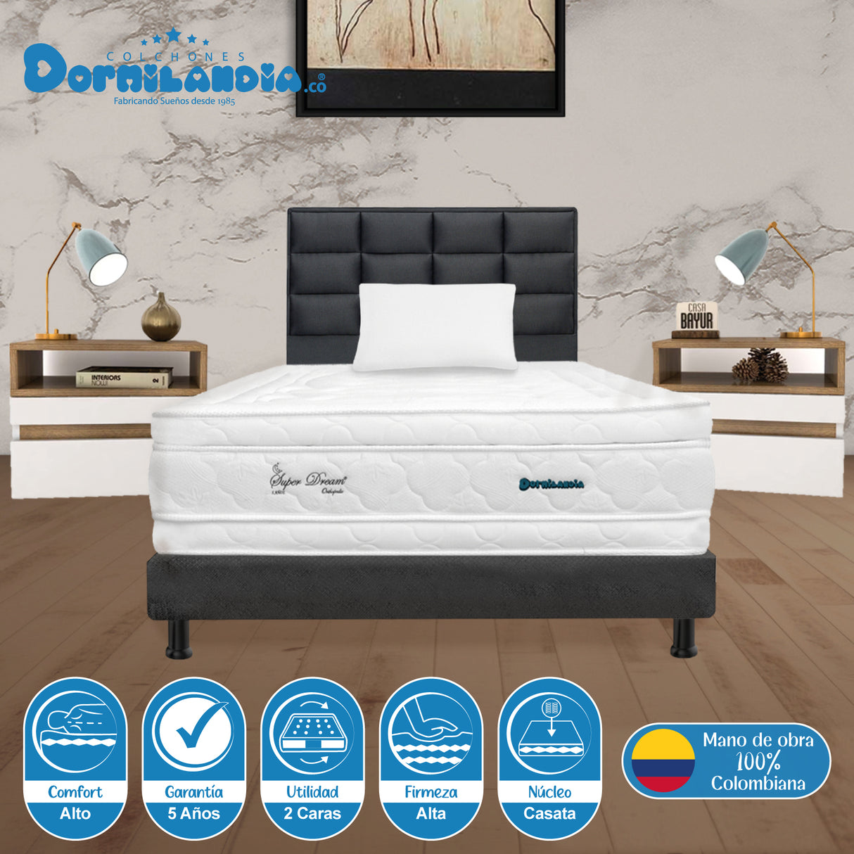 Combo Colchón Super Dream Blanco y Gris Sencillo 100 X 190 Cm Firmeza Firme Doble Faz Con Cabecero y Base Cama - COLCHONES | Bylmo