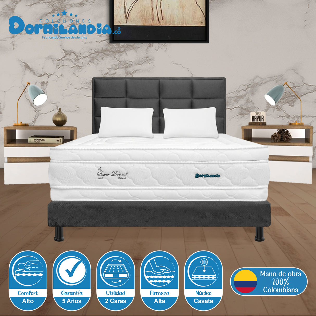 Combo Colchón Super Dream Blanco y Gris Queen 160 X 190 Cm Firmeza Firme Doble Faz Con Cabecero y Base Cama - COLCHONES | Bylmo