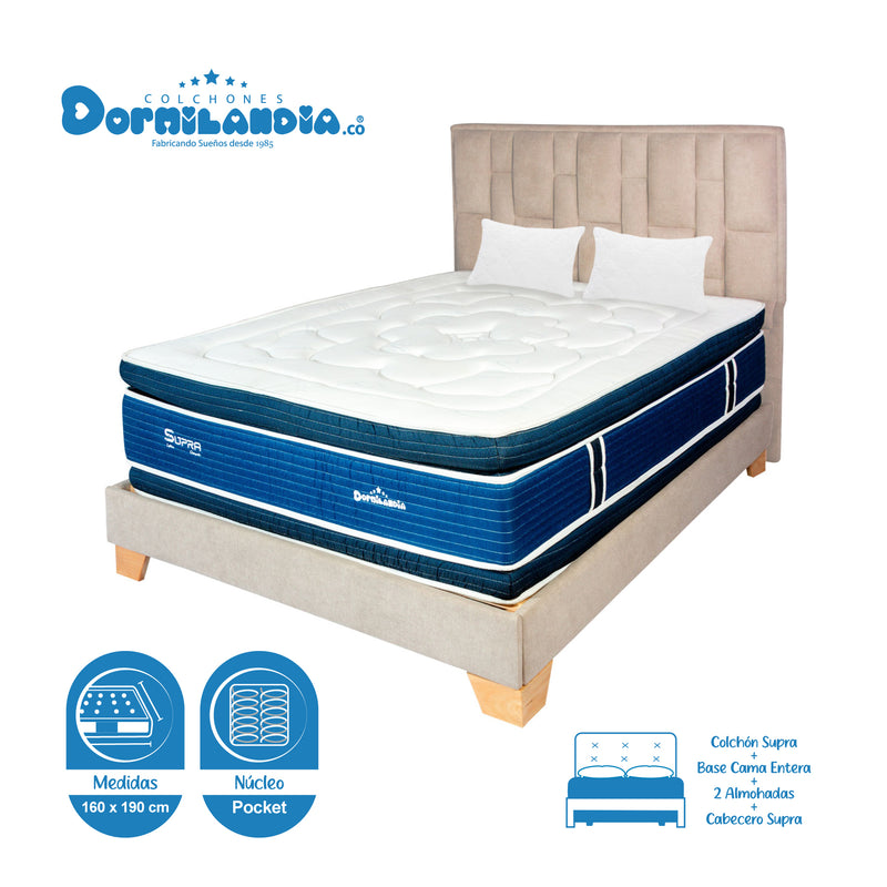 Combo Colchón Supra Azul Y Arena Queen 160 X 190 Cm Firmeza Medio Doble Faz Con Cabecero Y Base Cama