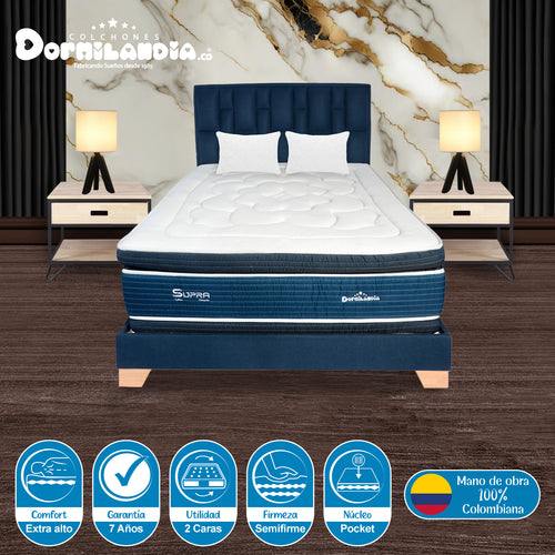 Combo Colchón Supra Azul Semidoble 120 X 190 Cm Firmeza Medio Doble Faz Con Cabecero Y Base Cama