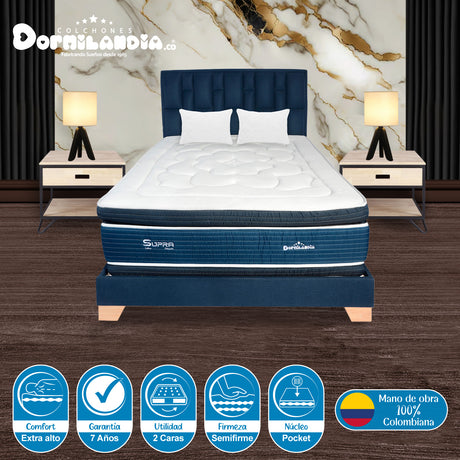 Combo Colchón Supra Azul Queen 160 X 190 Cm Firmeza Medio Doble Faz Con Cabecero y Base Cama - COLCHONES | Bylmo