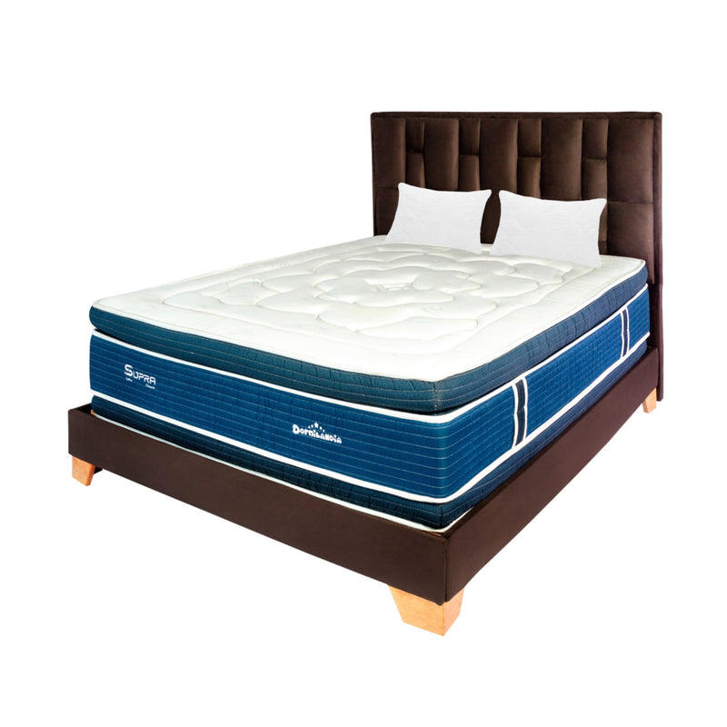 Combo Colchón Supra Azul Y Cafe Semidoble 120 X 190 Cm Firmeza Medio Doble Faz Con Cabecero Y Base Cama