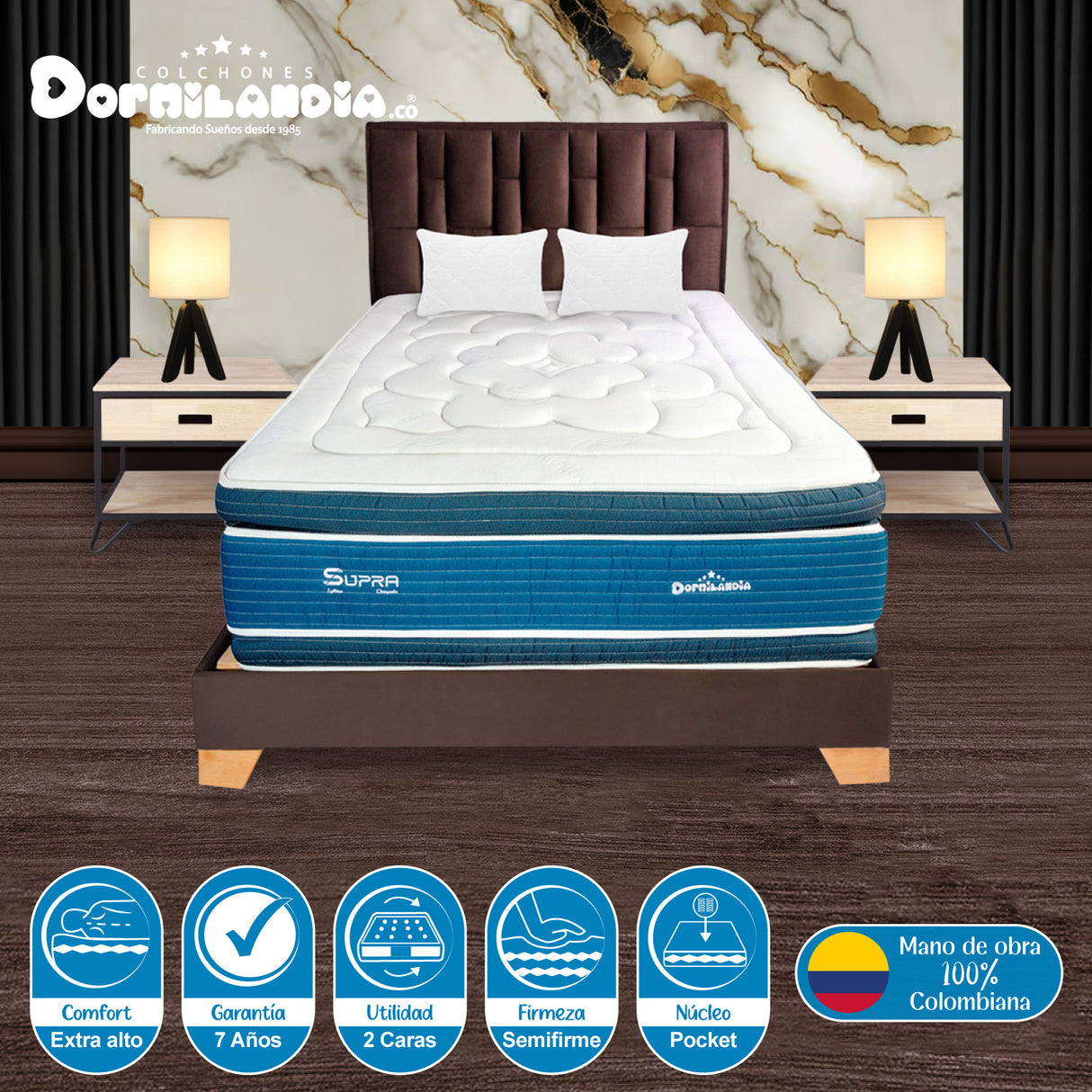 Combo Colchón Supra Azul y Cafe King 200 X 200 Cm Firmeza Medio Doble Faz Con Cabecero y Base Cama - COLCHONES | Bylmo