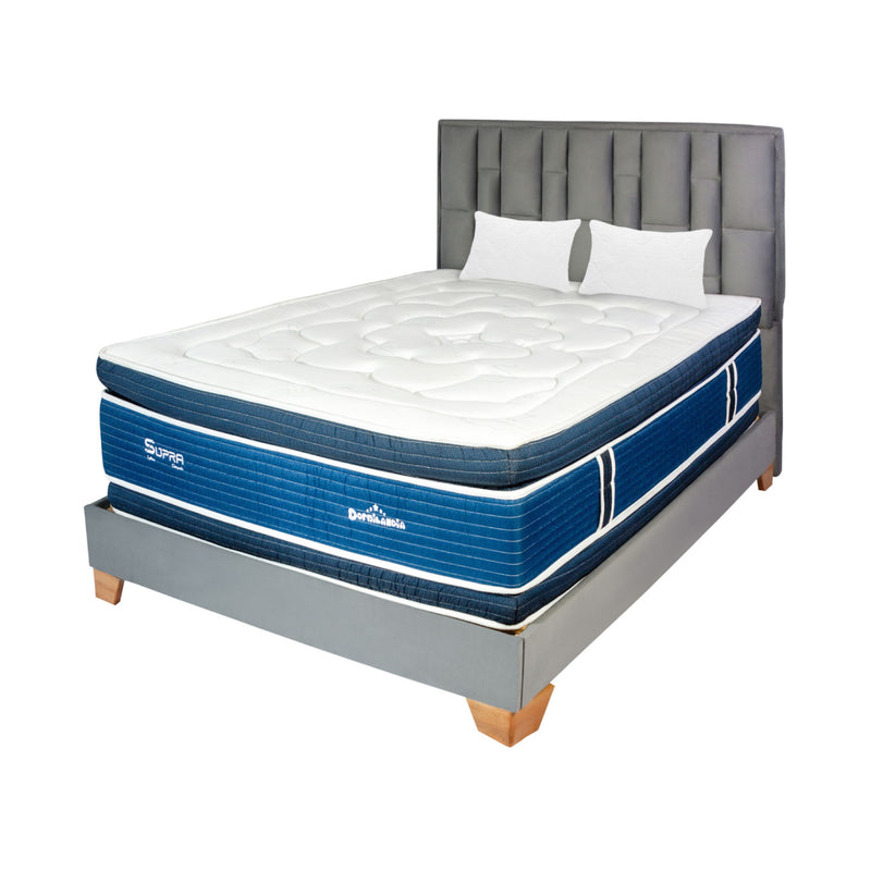 Combo Colchón Supra Azul Y Gris Queen 160 X 190 Cm Firmeza Medio Doble Faz Con Cabecero Y Base Cama