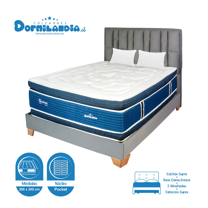 Combo Colchón Supra Azul Y Gris King 200 X 200 Cm Firmeza Medio Doble Faz Con Cabecero Y Base Cama