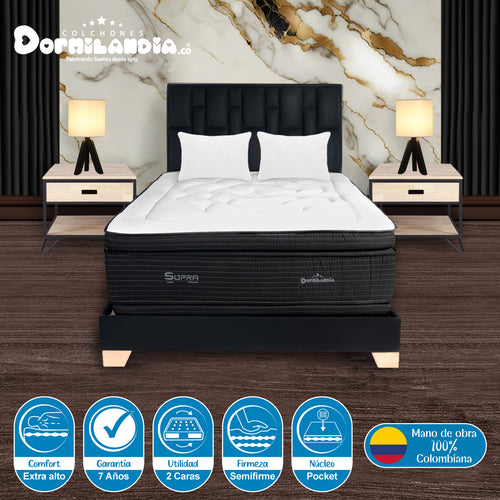 Combo Colchón Supra Negro Semidoble 120 X 190 Cm Firmeza Medio Doble Faz Con Cabecero Y Base Cama