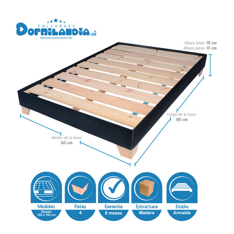 Combo Colchón Supra Negro Queen 160 X 190 Cm Firmeza Medio Doble Faz Con Cabecero y Base Cama - COLCHONES | Bylmo