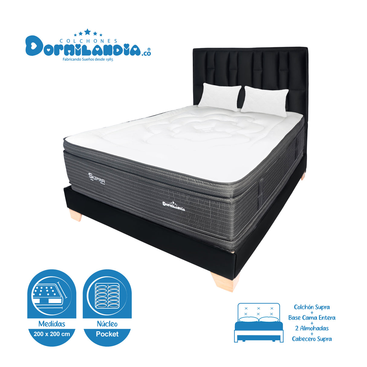 Combo Colchón Supra Negro King 200 X 200 Cm Firmeza Medio Doble Faz Con Cabecero y Base Cama - COLCHONES | Bylmo