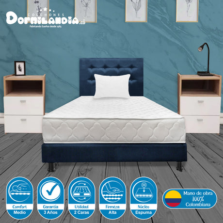 Combo Colchón Ultraflex Blanco y Azul Sencillo 100 X 190 Cm Firmeza Firme Doble Faz Con Cabecero y Base Cama - COLCHONES | Bylmo