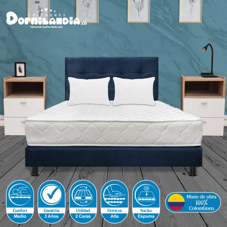 Combo Colchón Ultraflex Blanco y Azul Queen 160 X 190 Cm Firmeza Firme Doble Faz Con Cabecero y Base Cama - COLCHONES | Bylmo