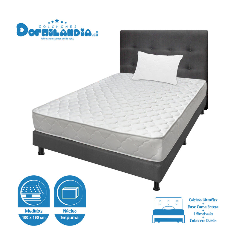 Combo Colchón Ultraflex Blanco Y Gris Sencillo 100 X 190 Cm Firmeza Firme Doble Faz Con Cabecero Y Base Cama