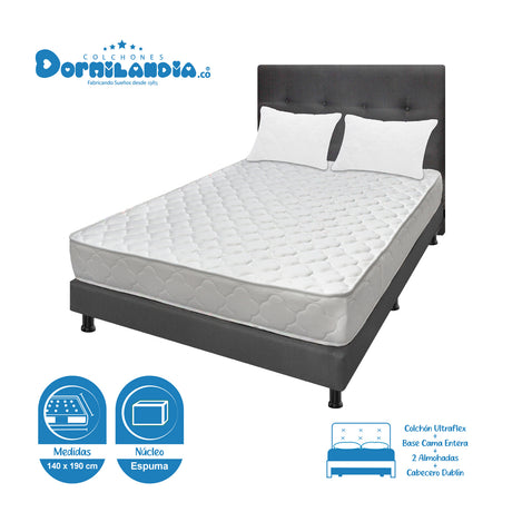 Combo Colchón Ultraflex Blanco y Gris Doble 140 X 190 Cm Firmeza Firme Doble Faz Con Cabecero y Base Cama - COLCHONES | Bylmo