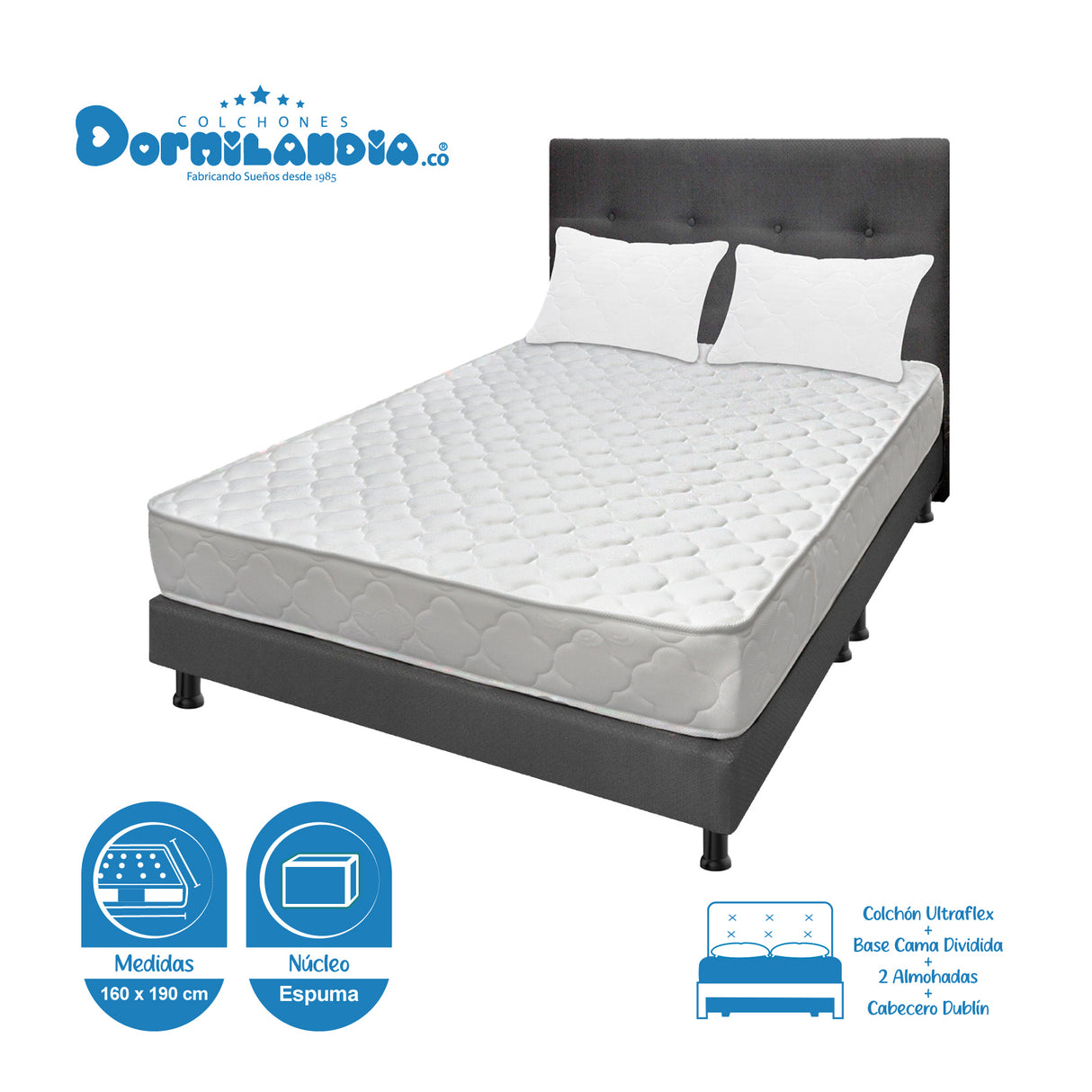 Combo Colchón Ultraflex Blanco y Gris Queen 160 X 190 Cm Firmeza Firme Doble Faz Con Cabecero y Base Cama - COLCHONES | Bylmo