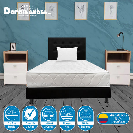 Combo Colchón Ultraflex Blanco y Negro Sencillo 100 X 190 Cm Firmeza Firme Doble Faz Con Cabecero y Base Cama - COLCHONES | Bylmo