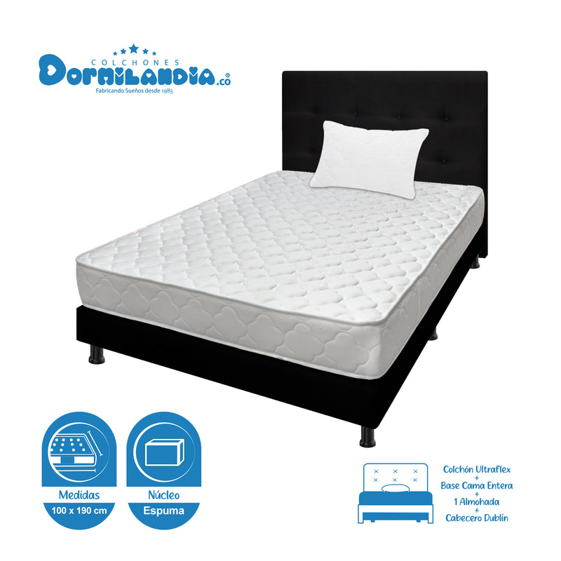 Combo Colchón Ultraflex Blanco Y Negro Sencillo 100 X 190 Cm Firmeza Firme Doble Faz Con Cabecero Y Base Cama