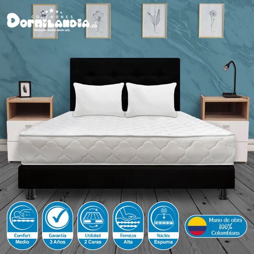 Combo Colchón Ultraflex Blanco Y Negro Semidoble 120 X 190 Cm Firmeza Firme Doble Faz Con Cabecero Y Base Cama