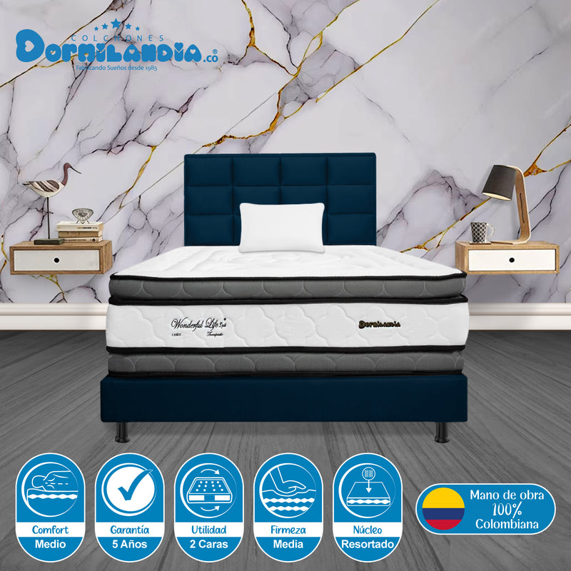 Combo Colchón Wonderful Blanco Y Azul Sencillo 100 X 190 Cm Firmeza Medio Doble Faz Con Cabecero Y Base Cama