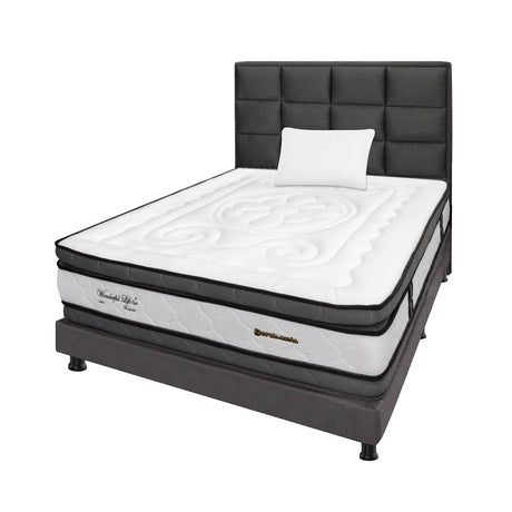Combo Colchón Wonderful Blanco y Gris Sencillo 100 X 190 Cm Firmeza Medio Doble Faz Con Cabecero y Base Cama - COLCHONES | Bylmo