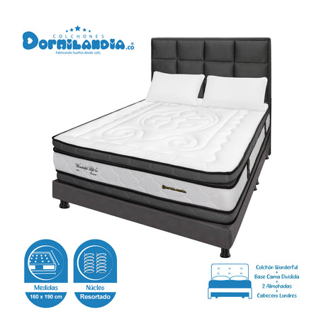 Combo Colchón Wonderful Blanco y Gris Queen 160 X 190 Cm Firmeza Medio Doble Faz Con Cabecero y Base Cama - COLCHONES | Bylmo
